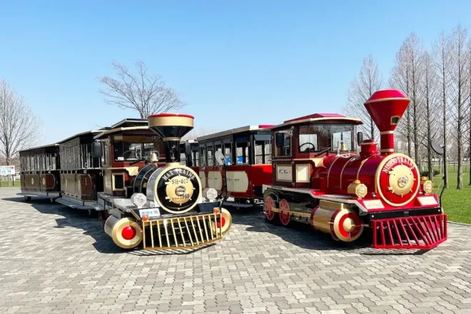 蒸気機関車を模した園内の周遊バス。左が「ポテト号」、右が新登場の「オニオン号」（サッポロさとらんど提供）
