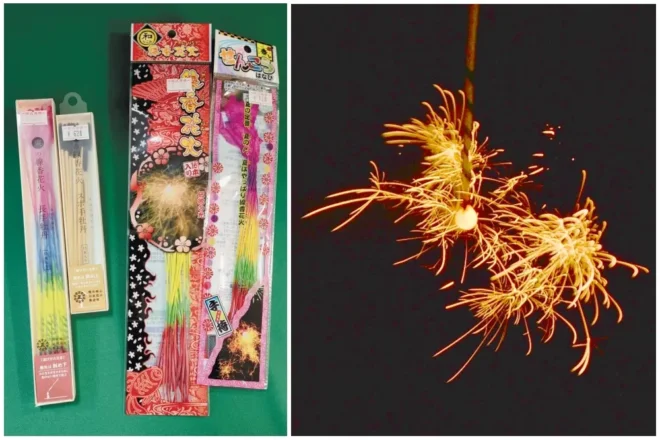 写真左／単品で人気が高い線香花火。左から二つ目がわらを使った「スボ手」、他は紙を使った「長手」
写真右／線香花火（長手）の火球と火花