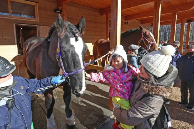 オープンしたばかりの「馬ふれあい舎」でばん馬をなでる子ども（金本綾子撮影）